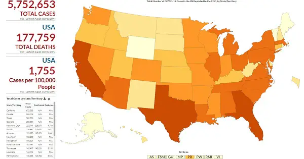 CDC Copronavirus map 2020-08-26